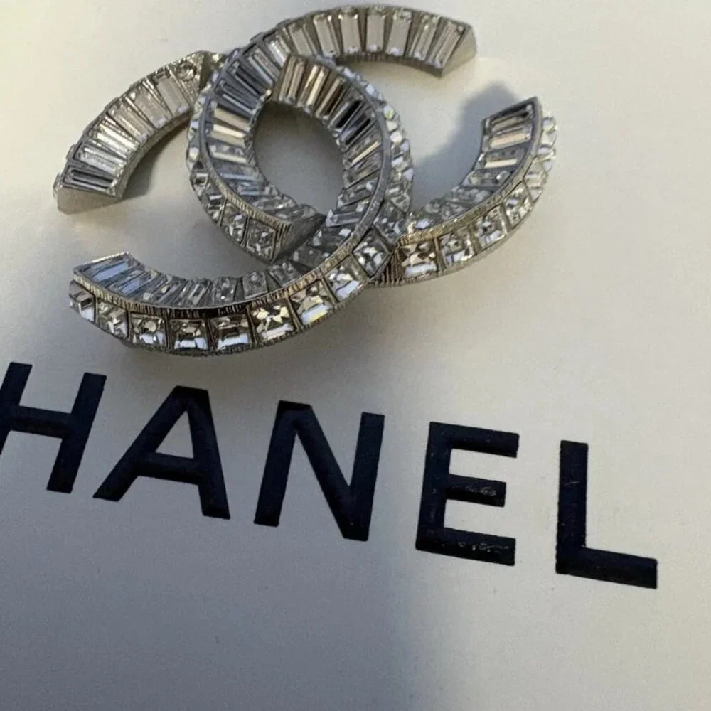 Chanel 22V Crystal CC Brooch Large Silver Baguette Rhinestone Pin with Box